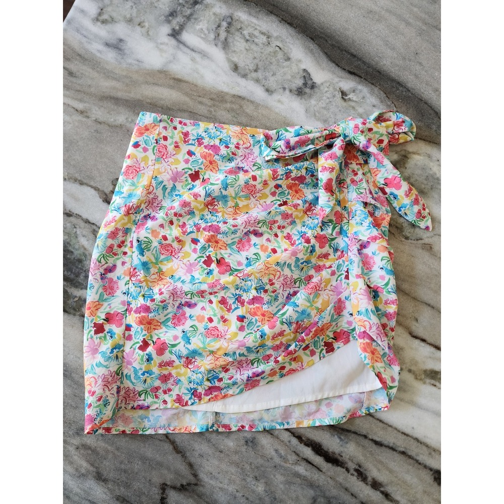 For Love & Lemons Floral Side Tie Mini Skirt XS Multicolor Ruched Faux Wrap